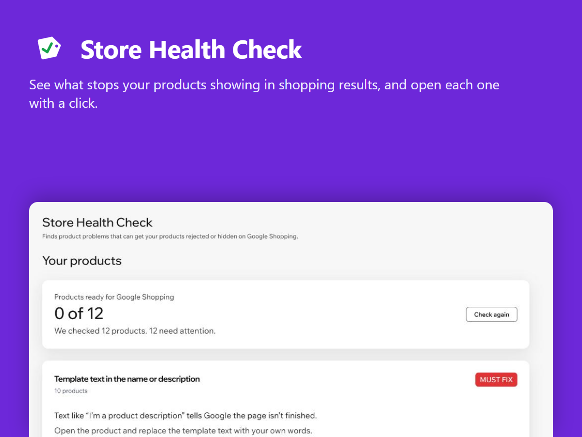 The Store Health Check app inside the Wix dashboard: a score of products ready for Google Shopping and the first problem it found